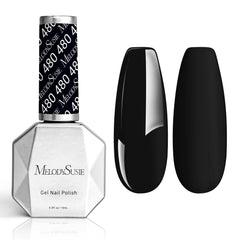 MelodySusie thick gel nail polish in Black Abyss bottle front for strong at-home color