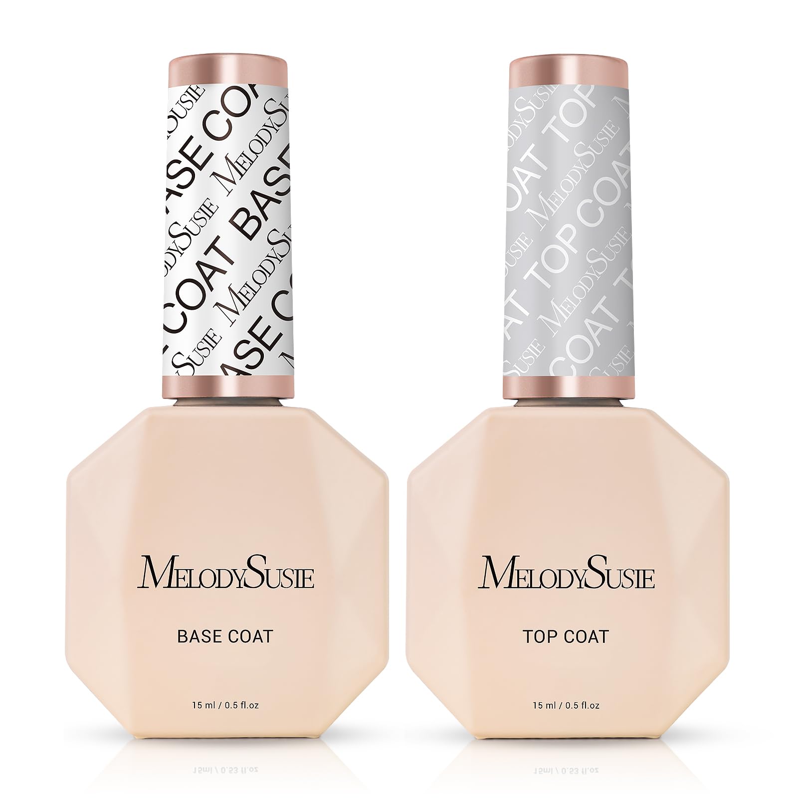 MelodySusie top coat and base coat bottles deliver durable protection for gel nails.