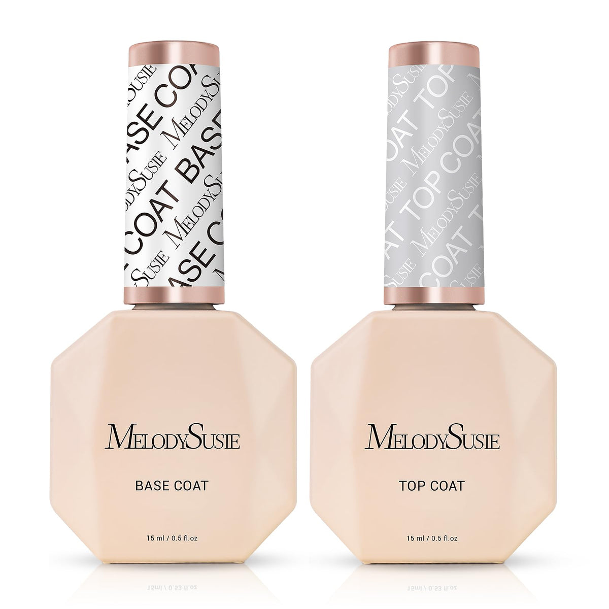 MelodySusie top coat and base coat bottles deliver durable protection for gel nails.
