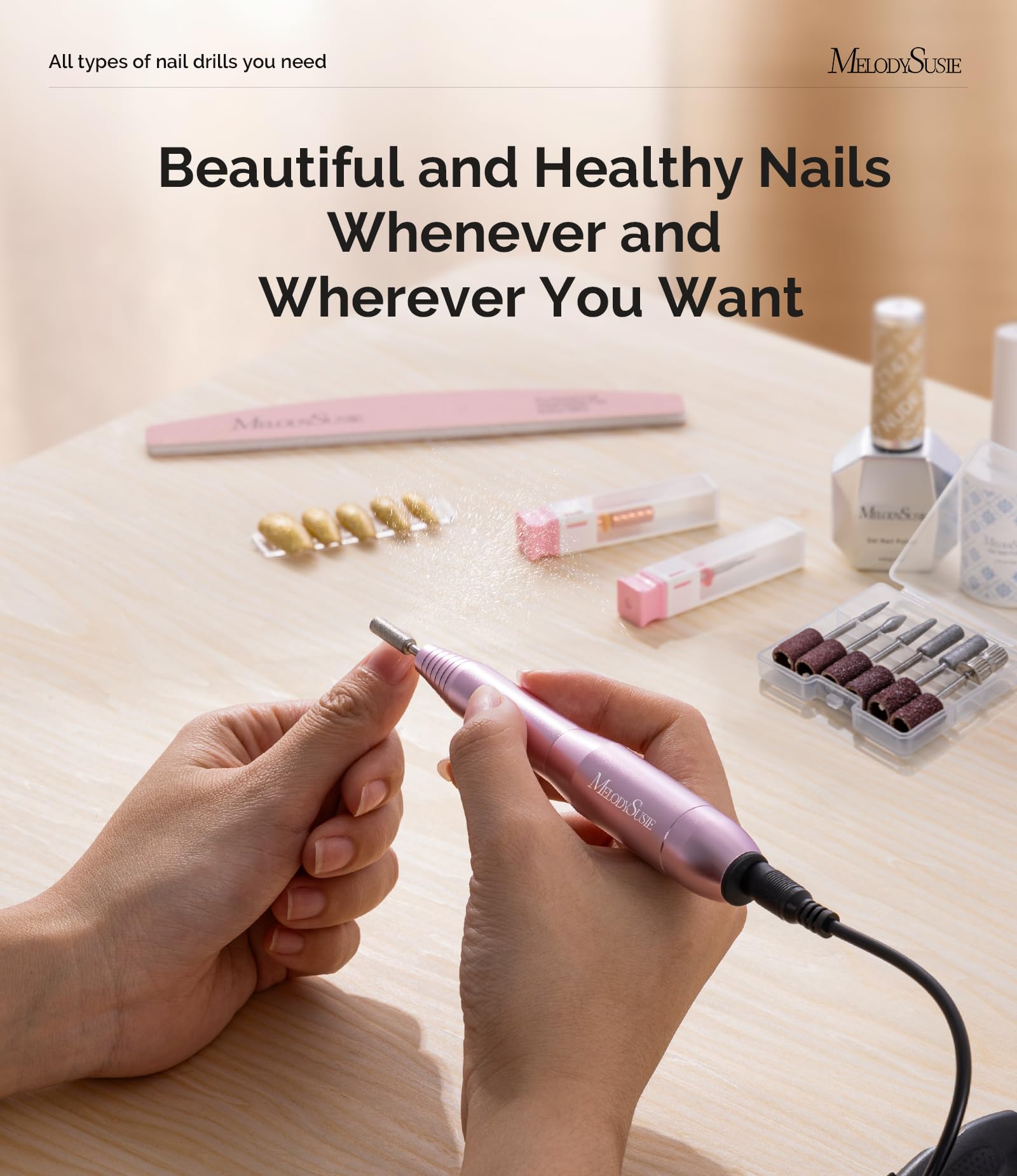 MelodySusie USB-powered nail drill for easy setup anywhere.