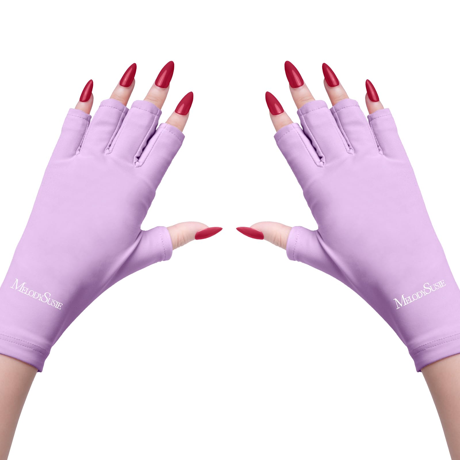 MelodySusie UV gloves worn during gel nail lamp use to reduce UV exposure (purple).