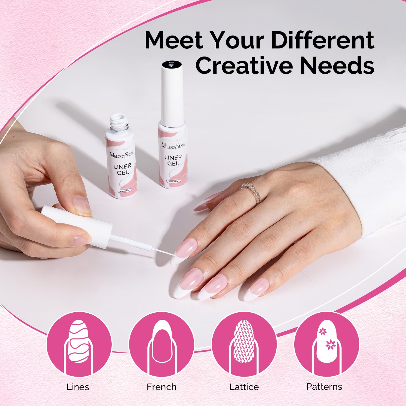 MelodySusie white gel liner on a nail demonstrates easy home manicure results.