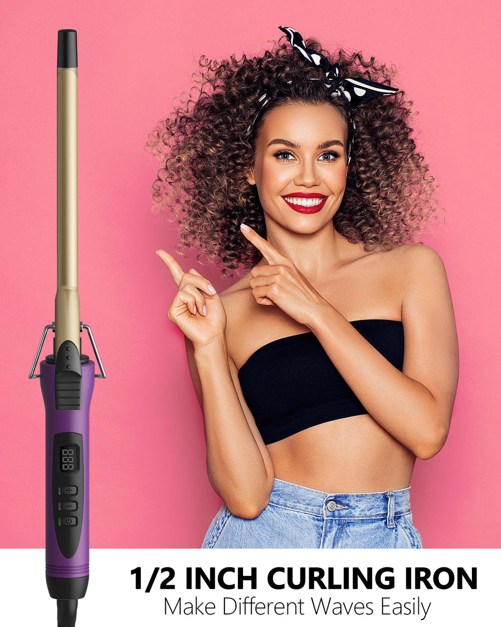 MELYDO 13mm iron delivers defined curls and volume with adjustable heat.