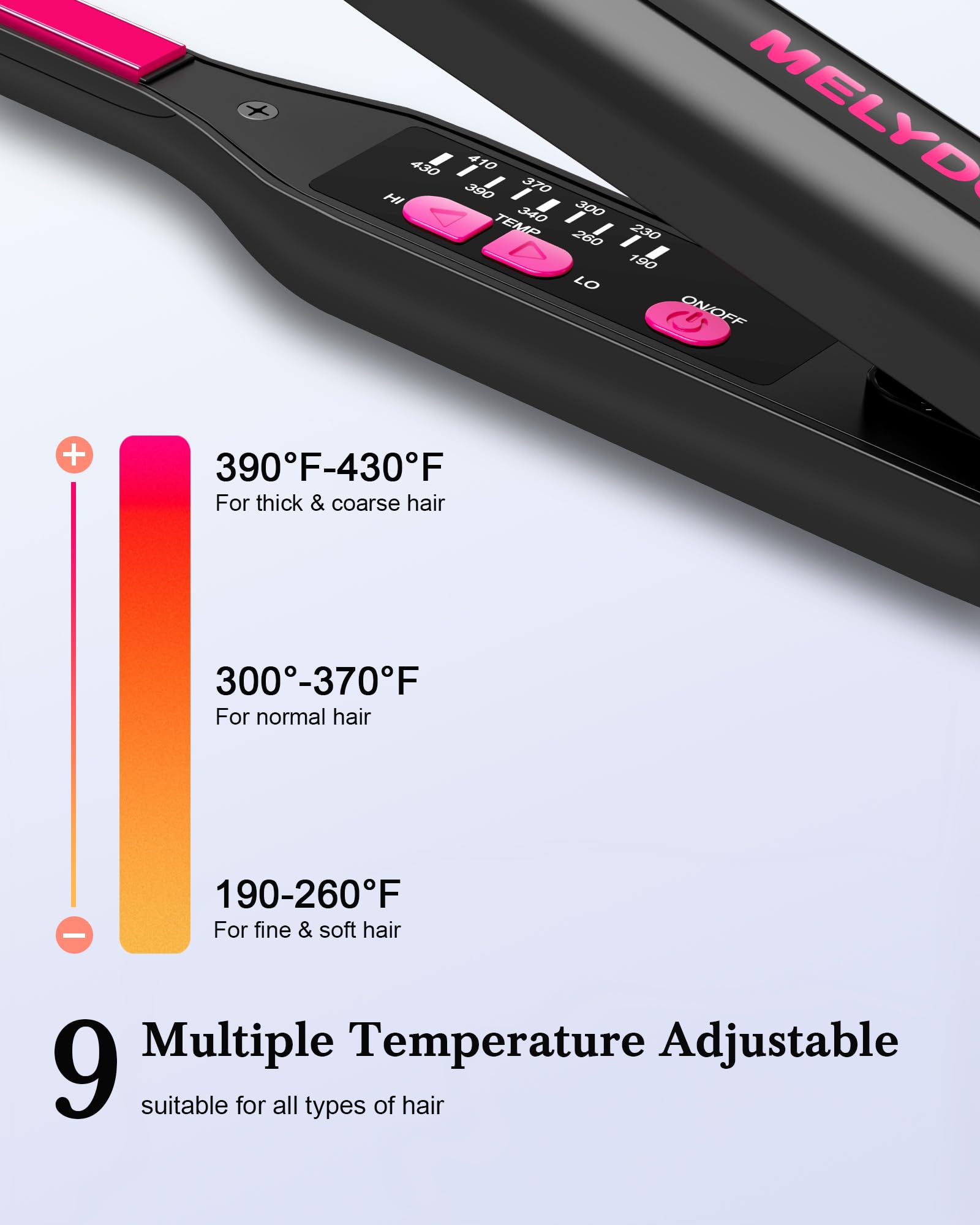 MELYDO flat iron with nine temperature settings for versatility