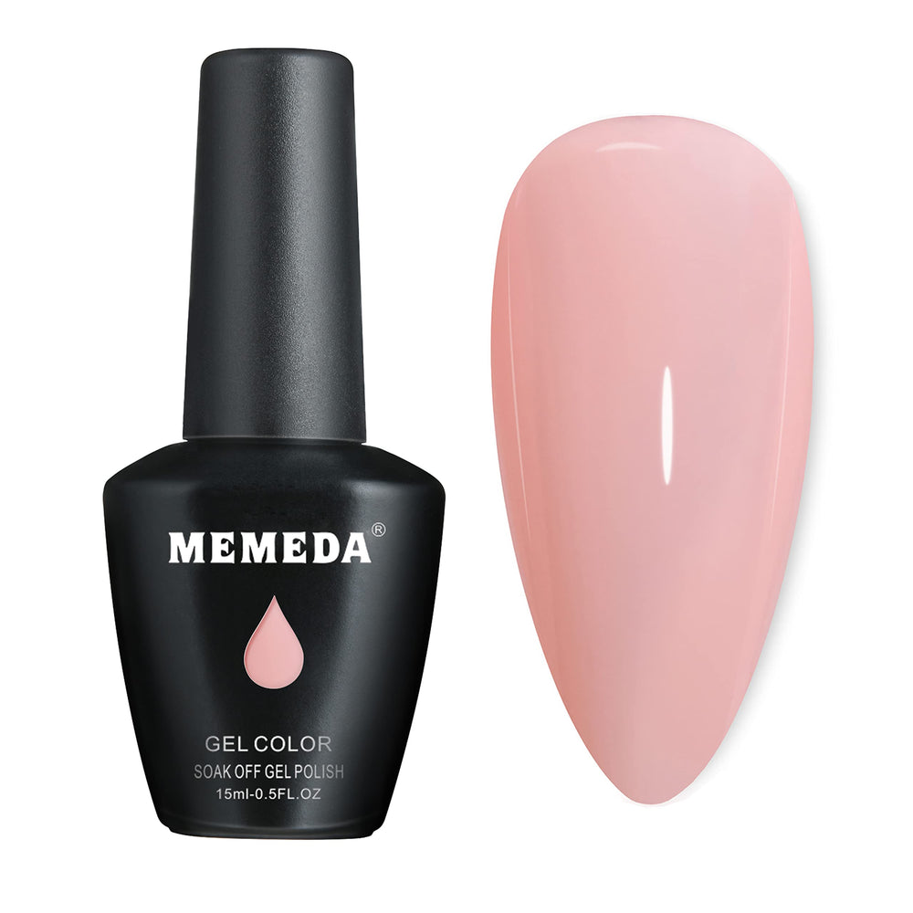 MEMEDA nude gel polish swatch on nail shows creamy nude shade.