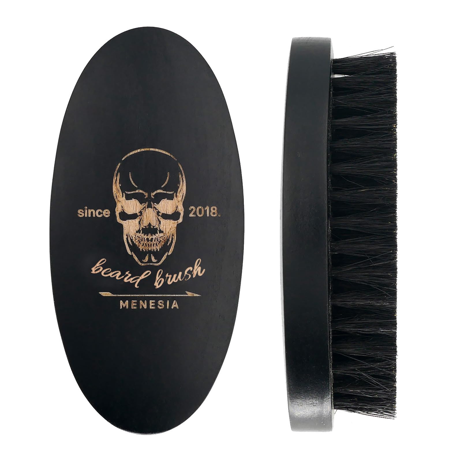 Menesia black boar bristle beard brush close-up for smooth grooming.