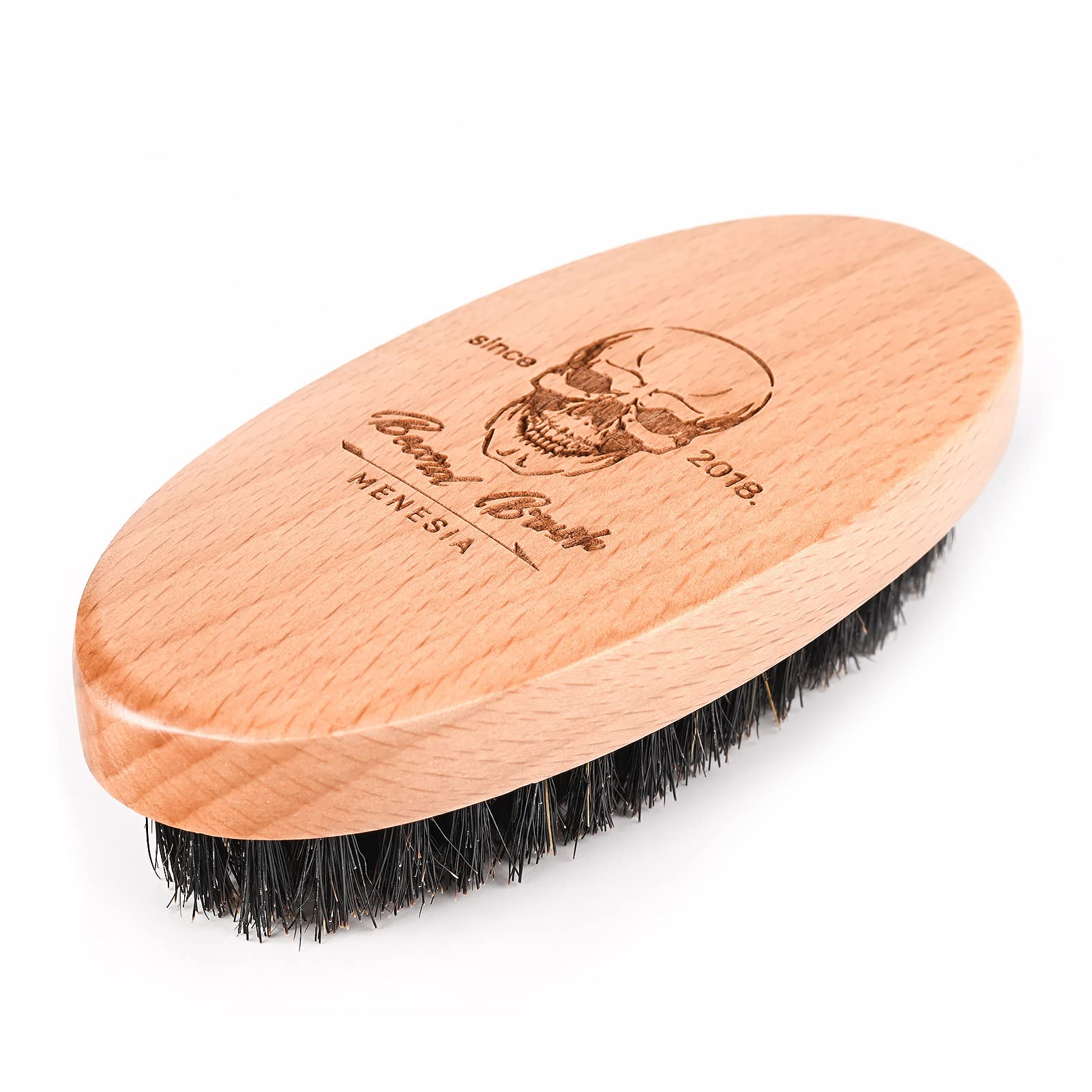 Menesia skull-design wooden handle adds bold style to grooming routine.