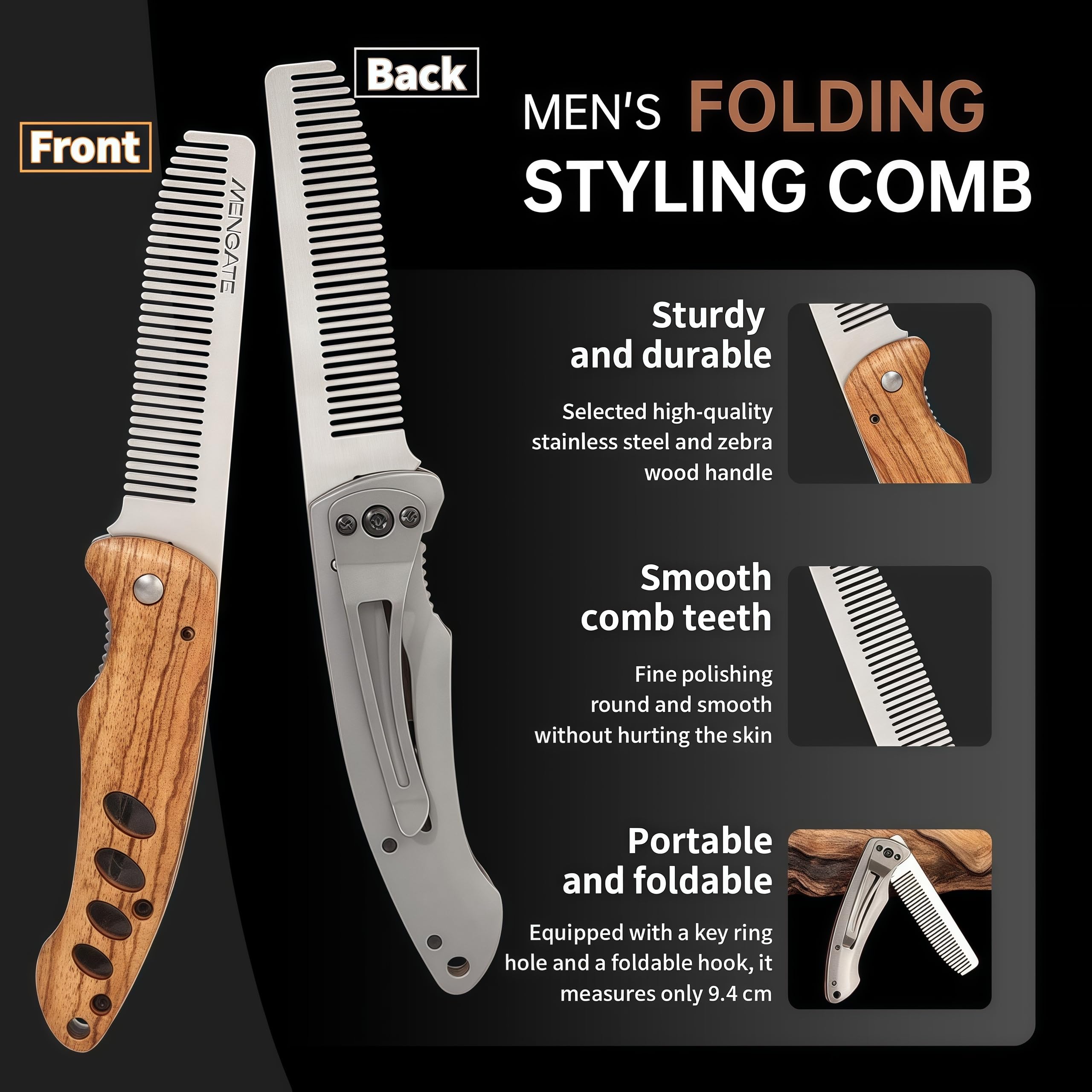 MenGate 180-degree rotatable folding comb for versatile use anywhere.