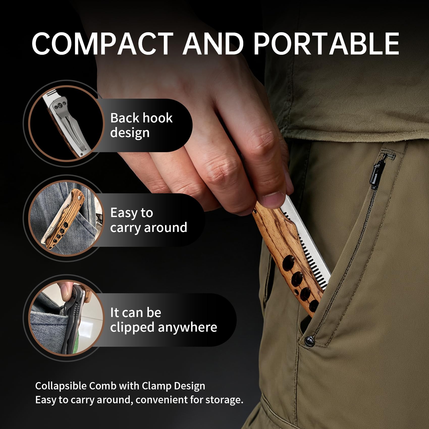 MenGate credit-card-size folding comb fits wallets for travel.