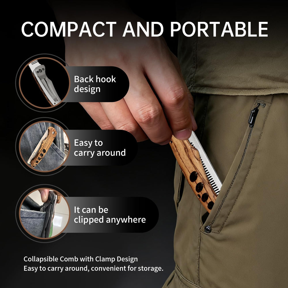 MenGate credit-card-size folding comb fits wallets for travel.