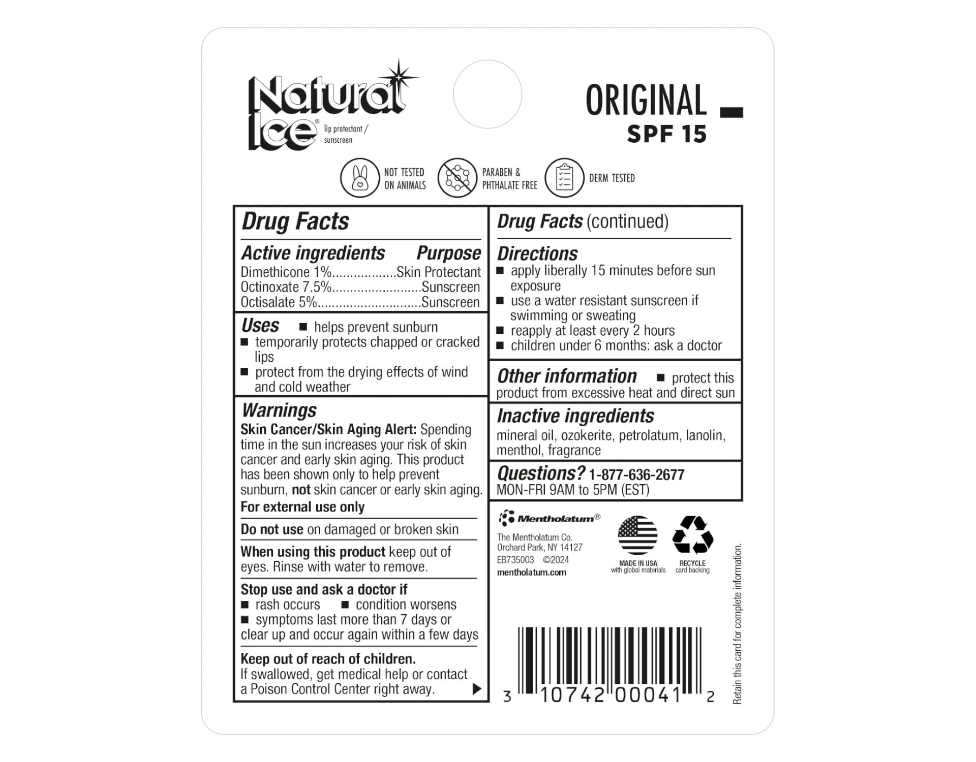 Envase del bálsamo labial Mentholatum Natural Ice original SPF 15 en estuche