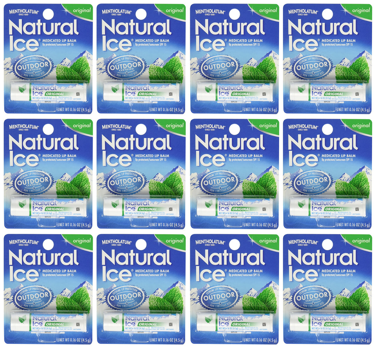 Mentholatum Natural Ice protector labial en envase, alivio calmante para labios secos.