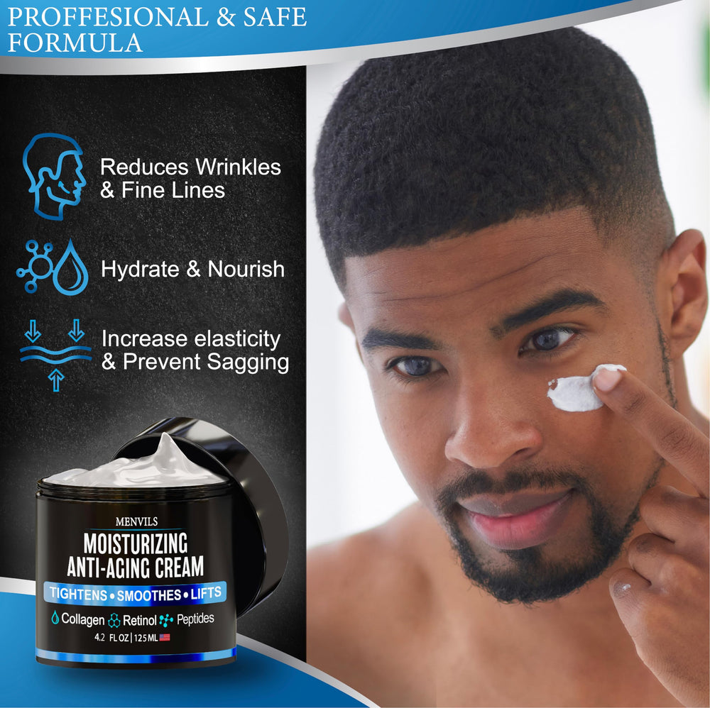 Menvils, ingredientes clave de la crema facial para hombre, destacando retinol y colágeno.