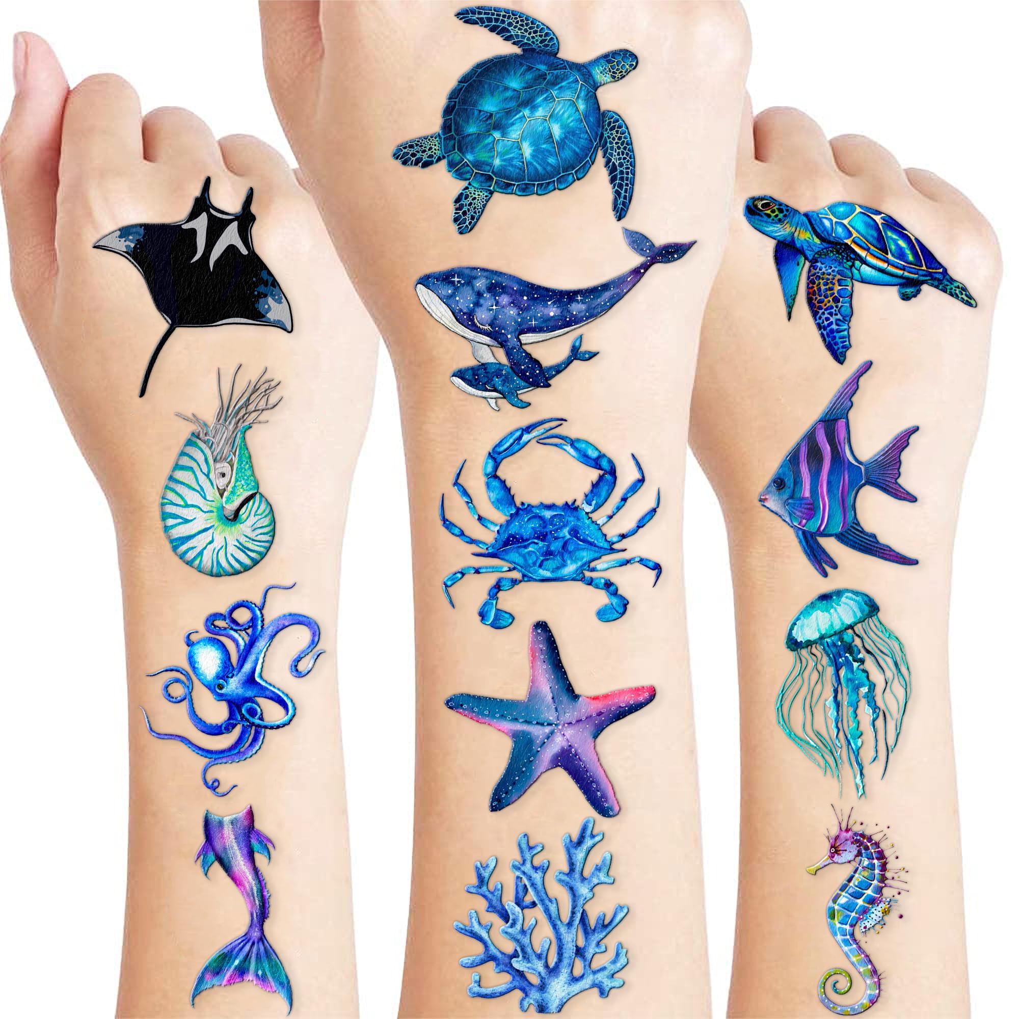 MeoIsDaBest ocean tattoos sheet with colorful sea animals for kids' party favors.