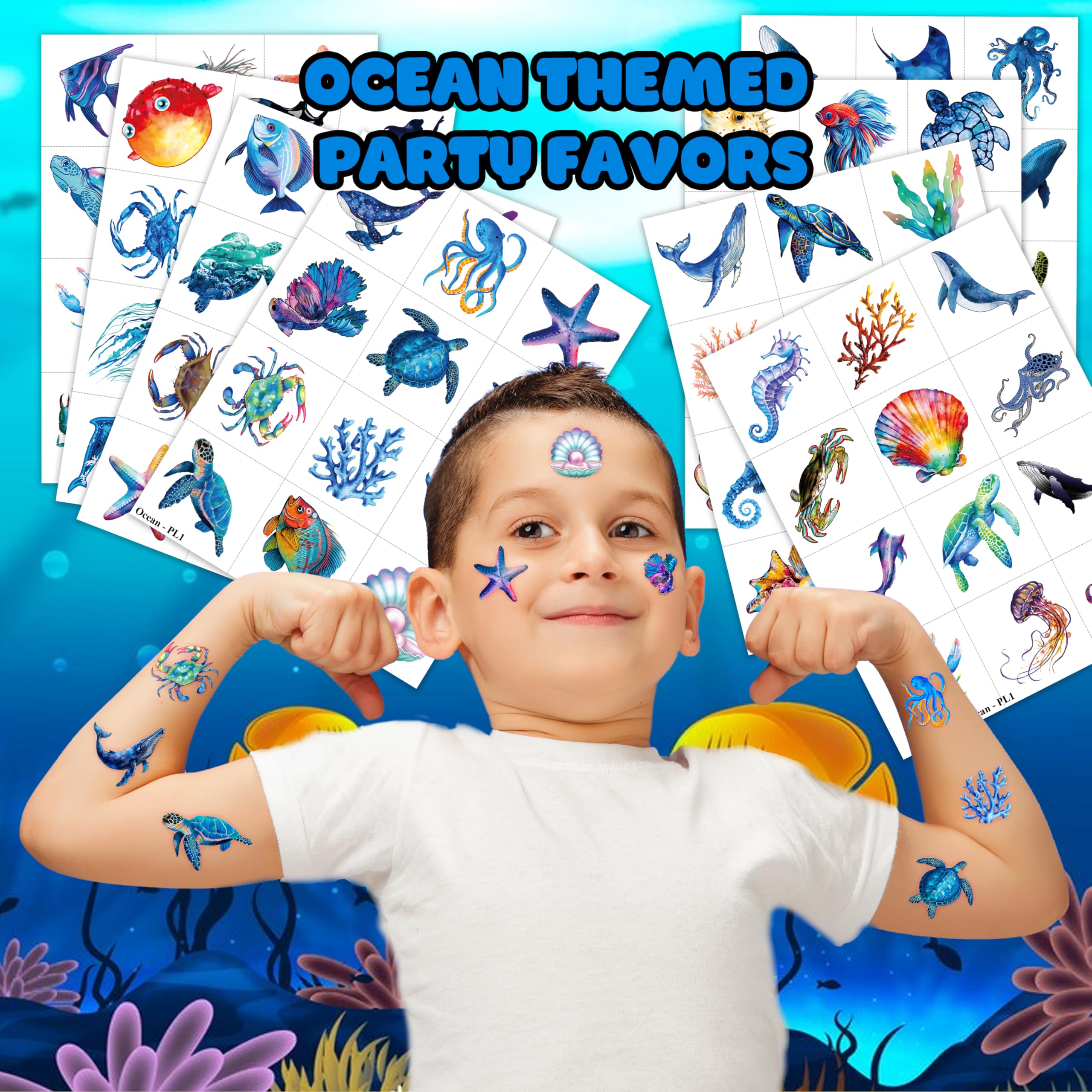MeoIsDaBest ocean tattoos sheet spread, ready to share at a birthday celebration.