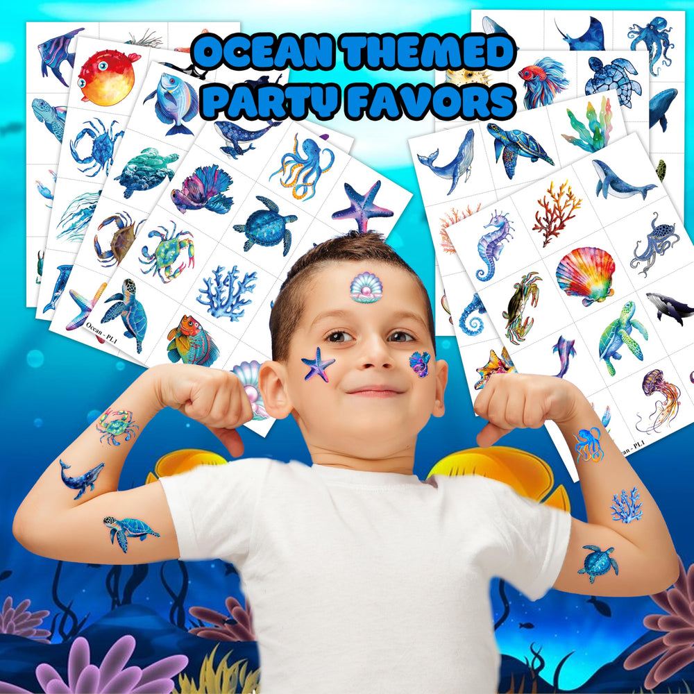 MeoIsDaBest ocean tattoos sheet spread, ready to share at a birthday celebration.