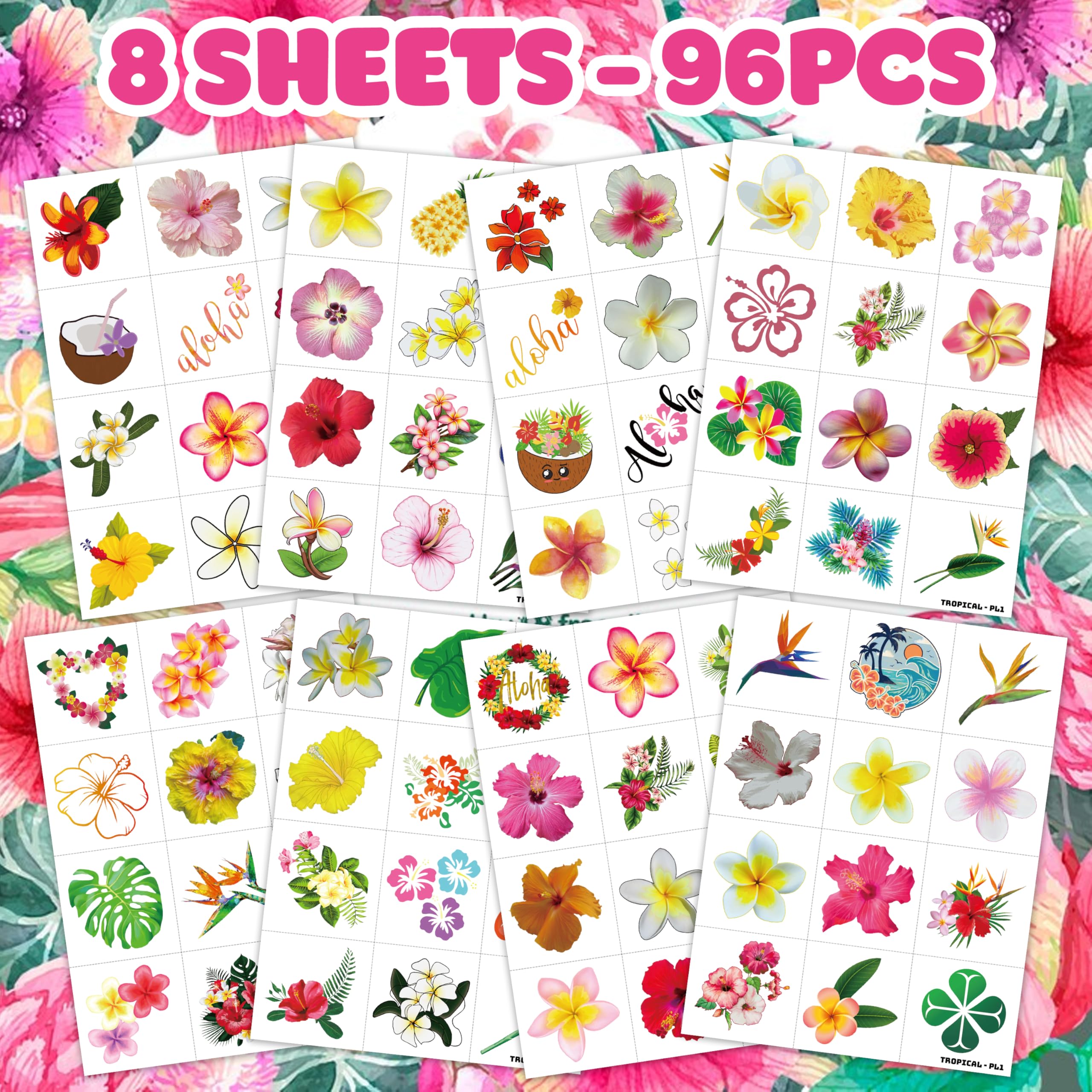 Hawaii luau temporary tattoos pack ready for kids' games and party souvenirs.