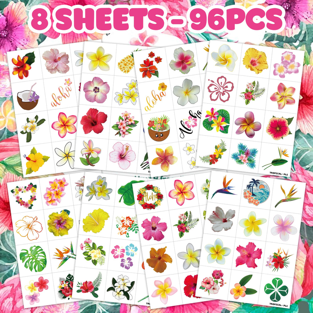 Hawaii luau temporary tattoos pack ready for kids' games and party souvenirs.