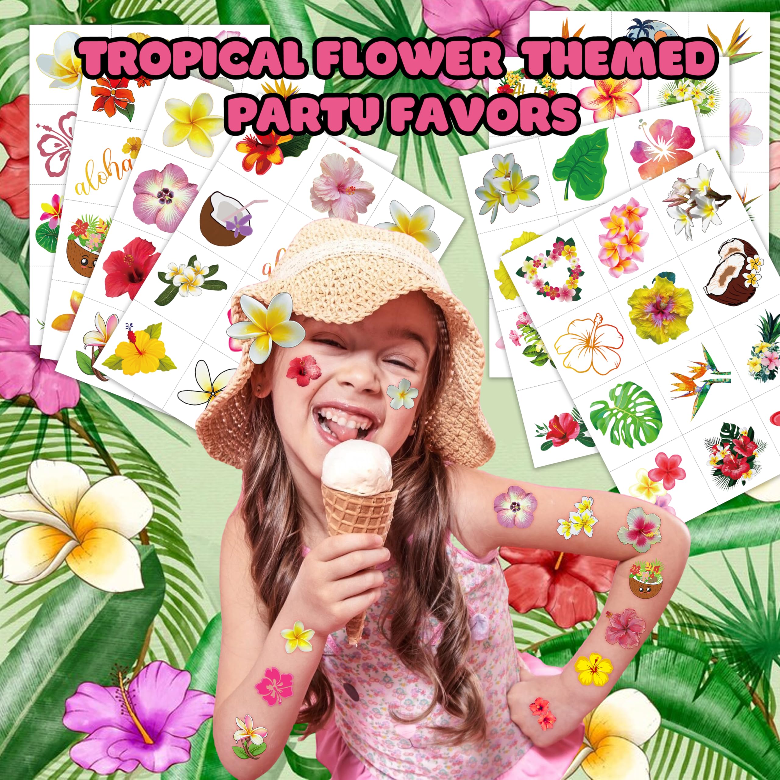 Hibiscus and plumeria design close-up showing vibrant colors for beach-themed celebrations.