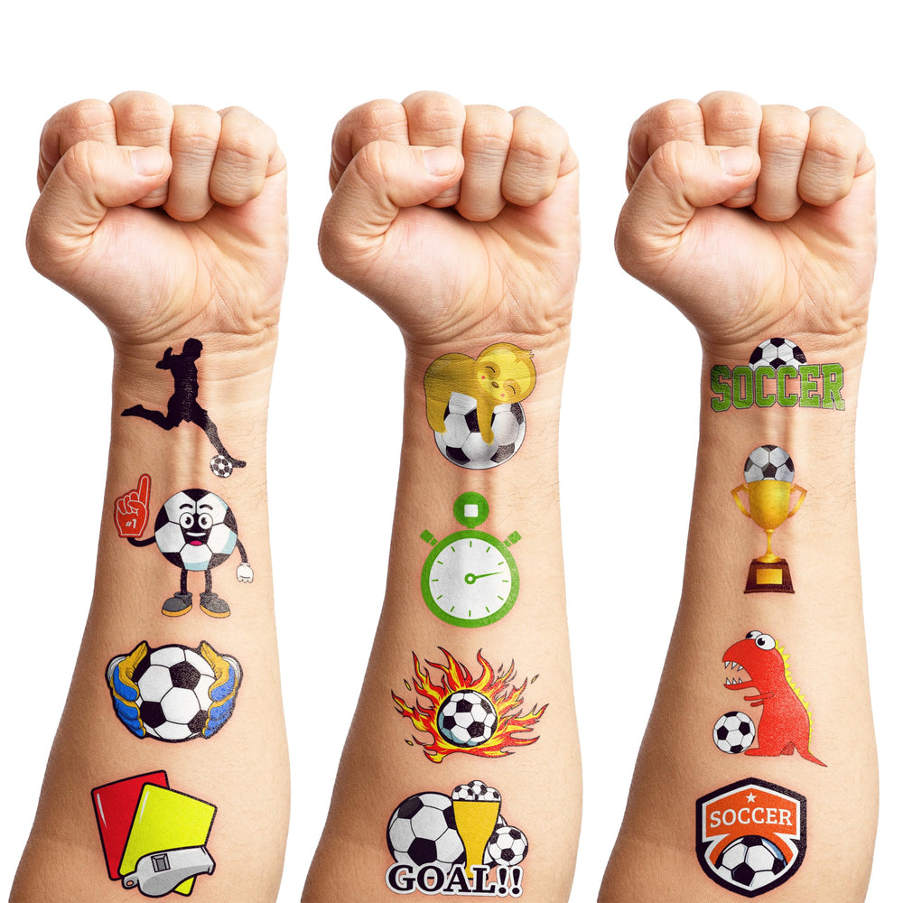 MeoIsDaBest soccer tattoos used as party favors for kids at a celebration.