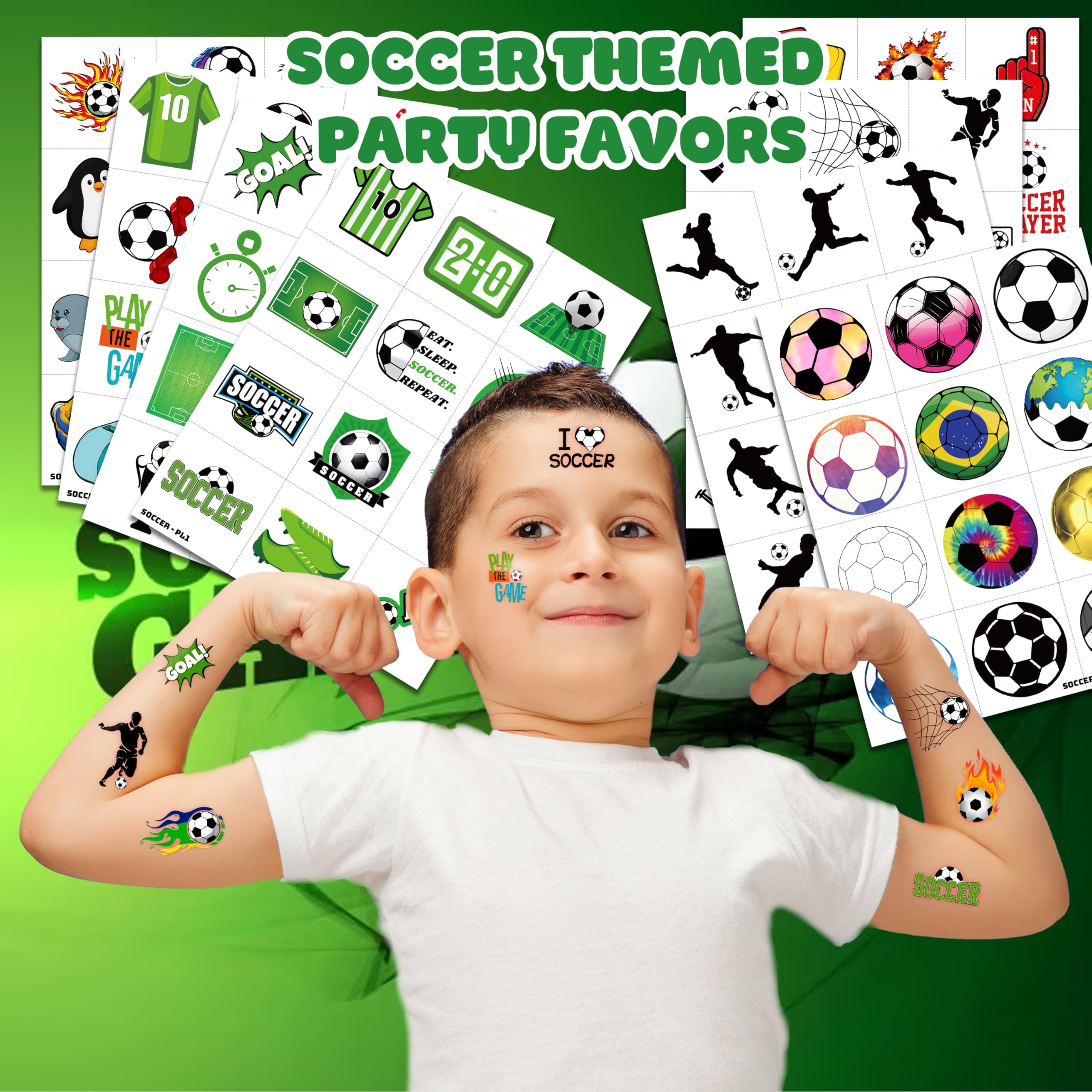 MeoIsDaBest soccer tattoos sheets on display for quick party setup.
