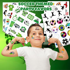 MeoIsDaBest soccer tattoos sheets on display for quick party setup.