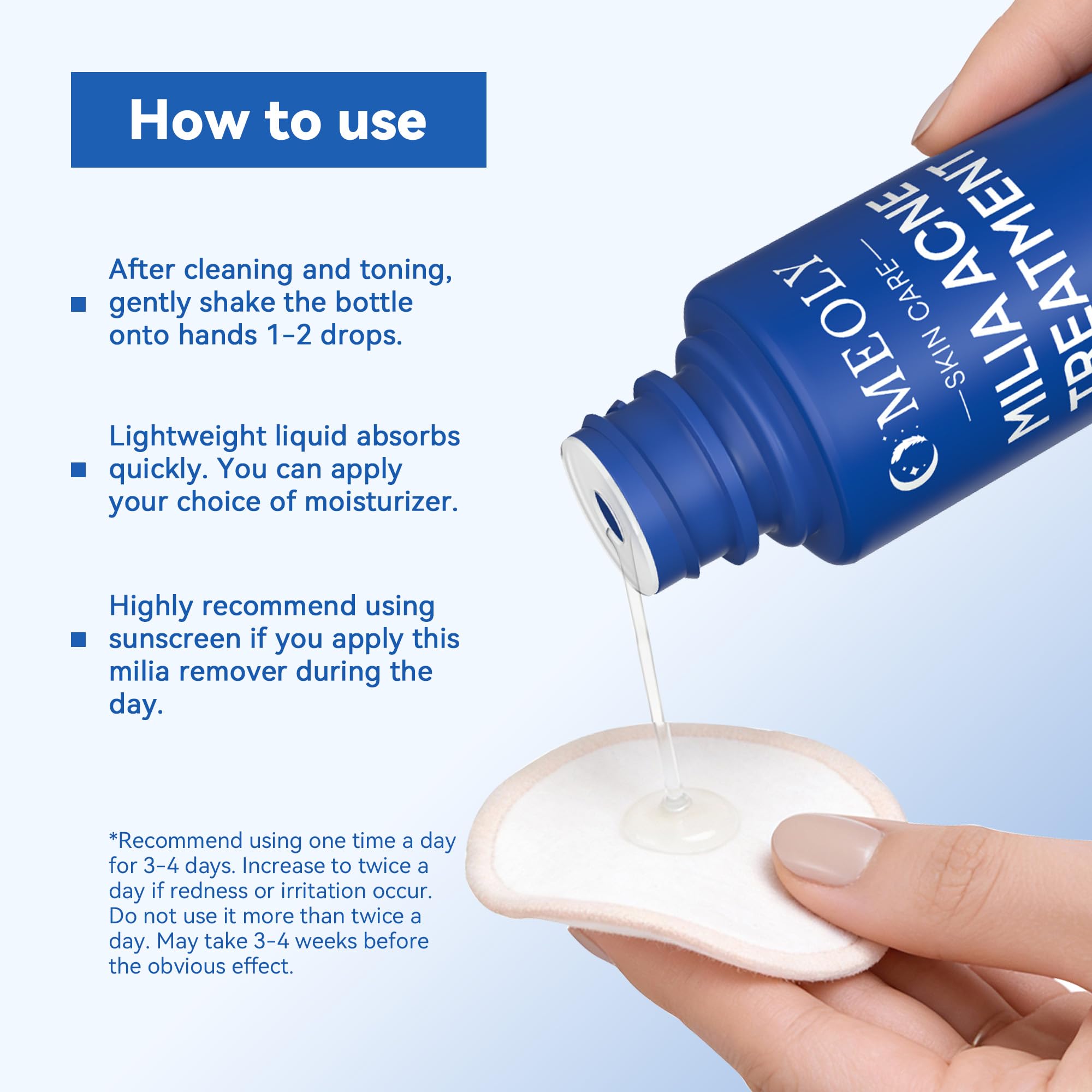 MEOLY Milia Remover, etiqueta indica ácido salicílico al 3% para exfoliación.