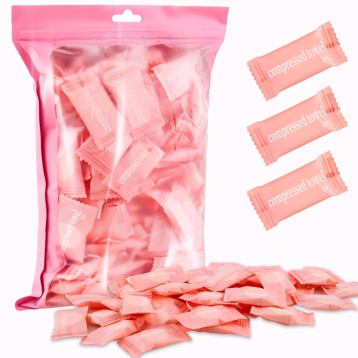 MEQHUO 150-pack compressed towel tablets in pink bag for easy travel prep.