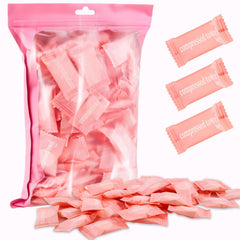 MEQHUO 150-pack compressed towel tablets in pink bag for easy travel prep.