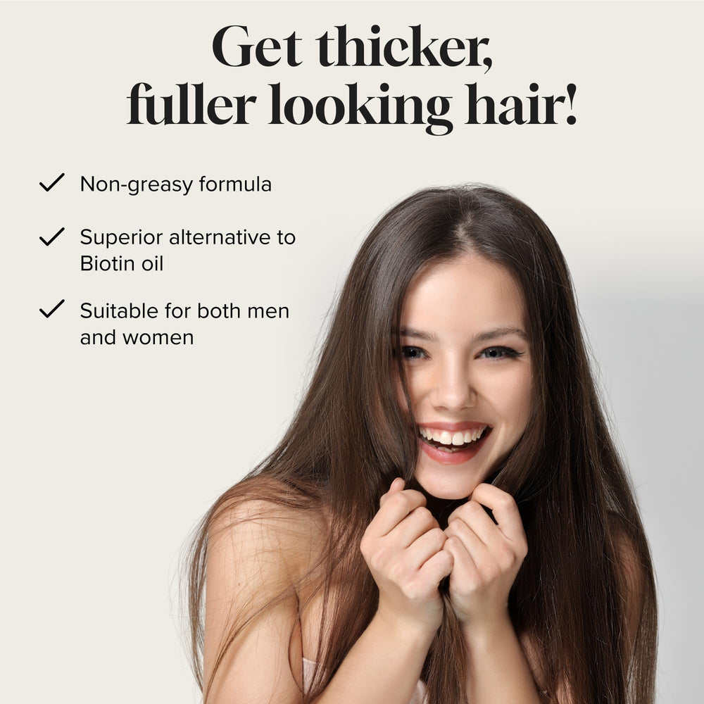 Meraz Pureauty Naturals Biotin Serum aplicación diaria facilita cuidado capilar.