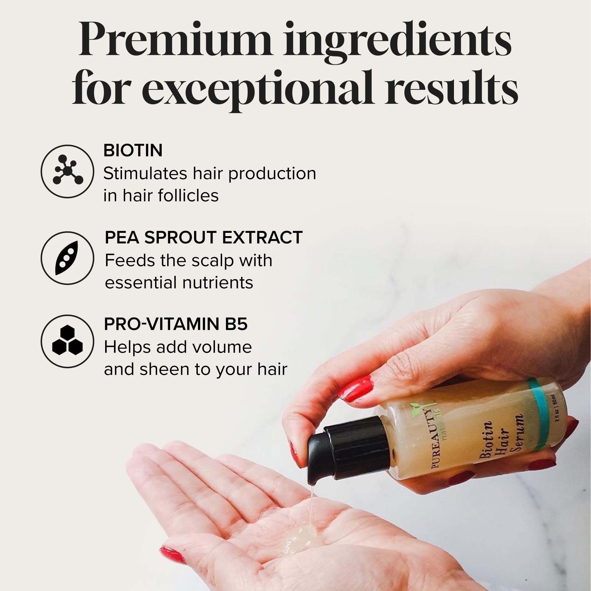 Meraz Pureauty Naturals Biotin Serum textura no grasa suave y absorción rápida.