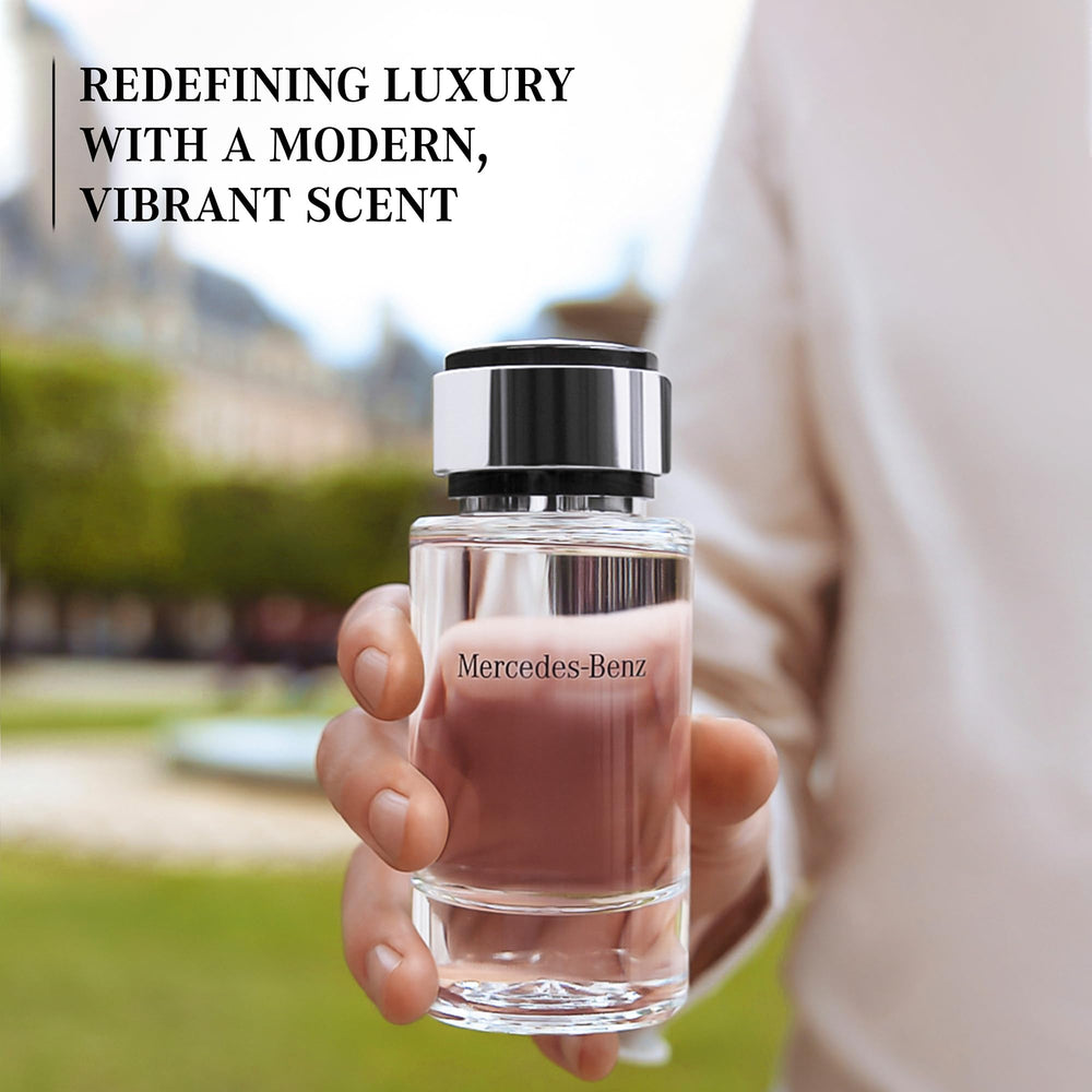 Mercedes-Benz For Men bottle cap closeup showcases refined detailing for a lasting first impression.