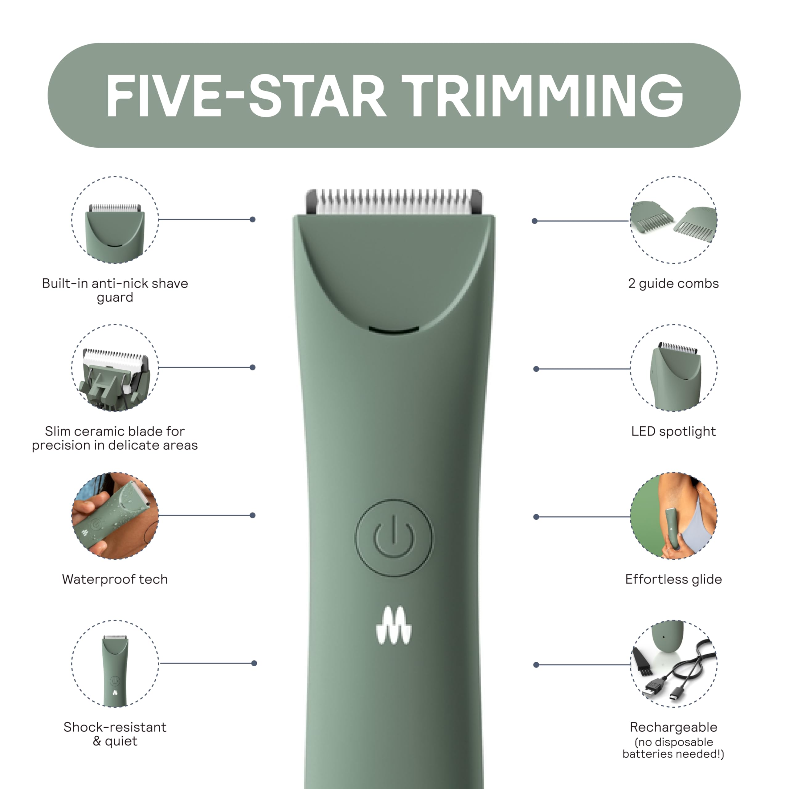 MERIDIAN Slimmer Trimmer gliding over sensitive skin for gentle trimming.