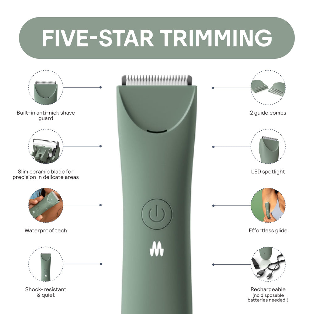 MERIDIAN Slimmer Trimmer gliding over sensitive skin for gentle trimming.