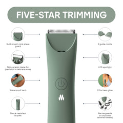 MERIDIAN Slimmer Trimmer gliding over sensitive skin for gentle trimming.