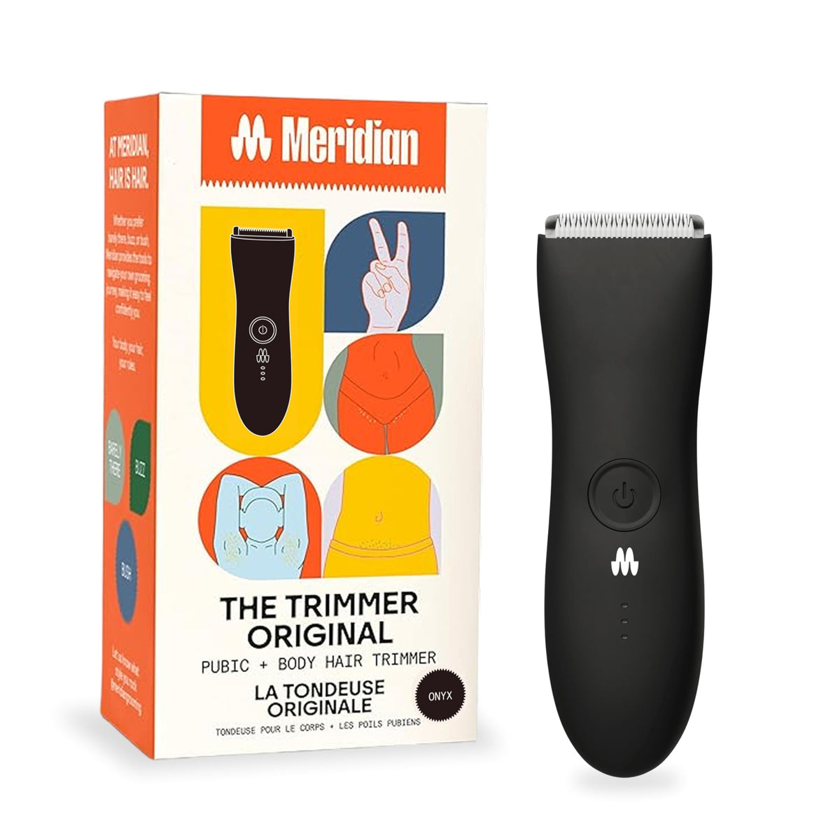 Meridian The Trimmer Original ceramic blade delivers precise grooming on body hair.