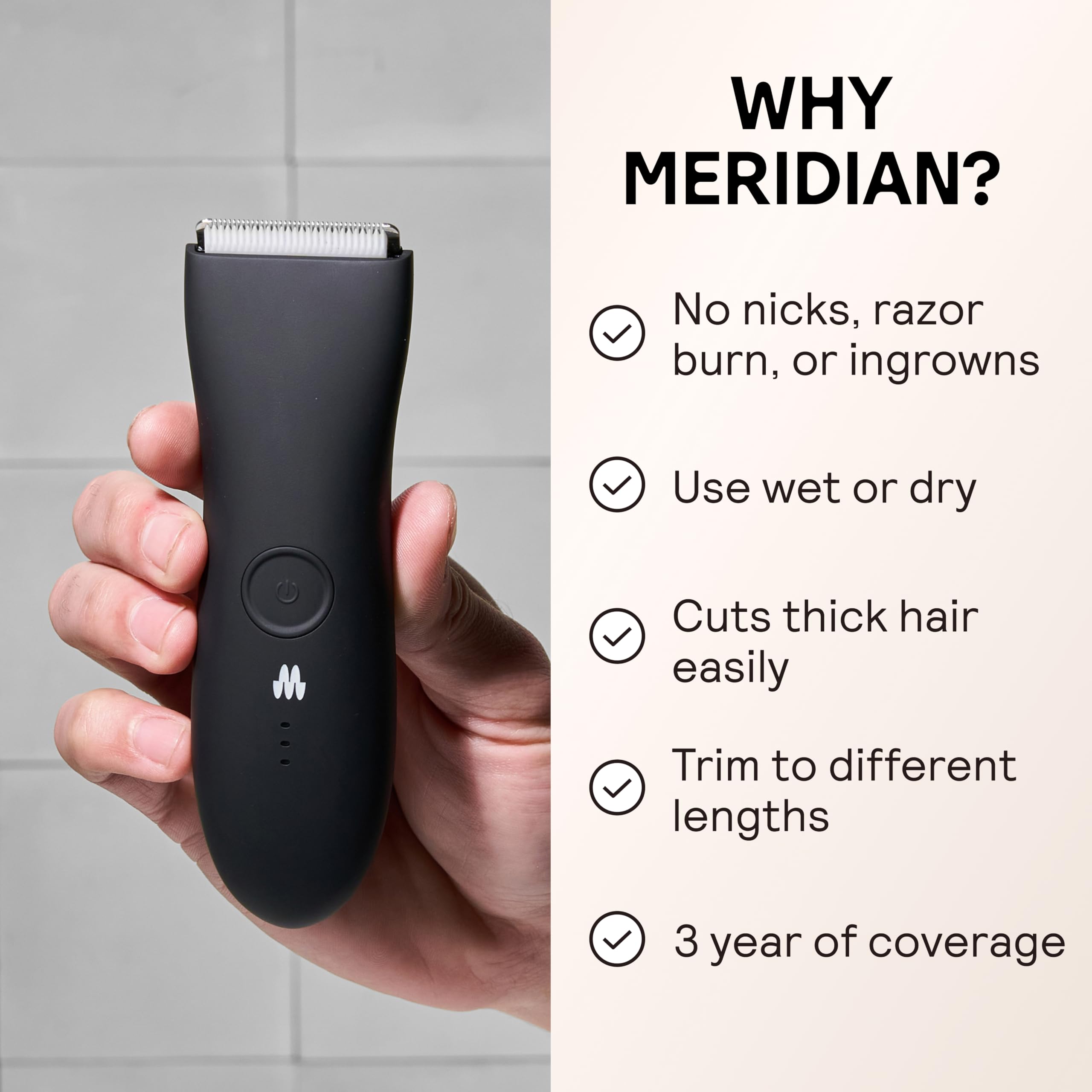 Meridian The Trimmer Original with guide combs 3-6mm and 9-12mm for versatile lengths.