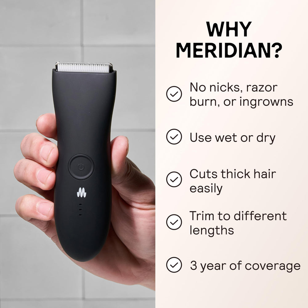 Meridian The Trimmer Original with guide combs 3-6mm and 9-12mm for versatile lengths.
