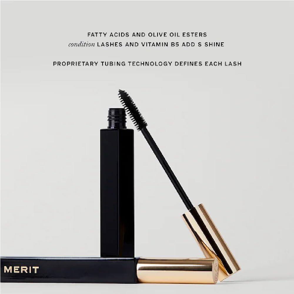 M.E.R.I.T Clean Lash Lengthening Tubing Mascara closeup on nourishing oils in formula