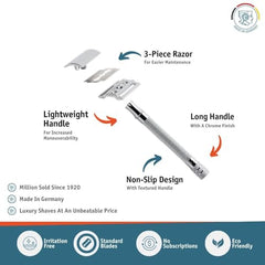MERKUR 23C long knurled handle provides a secure grip for controlled strokes