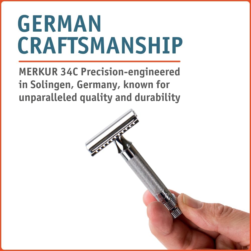 Merkur Mk34c brass handle with chrome finish for durable, elegant look.