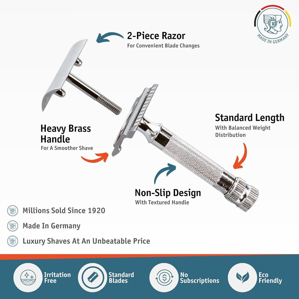 Merkur Mk34c two-piece design highlights simple blade replacement.