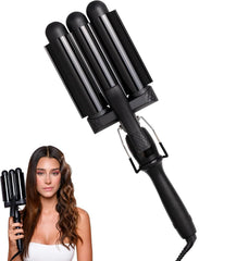 Mermade PRO Hair Waver in black showing three-barrel ceramic wand for beachy waves.