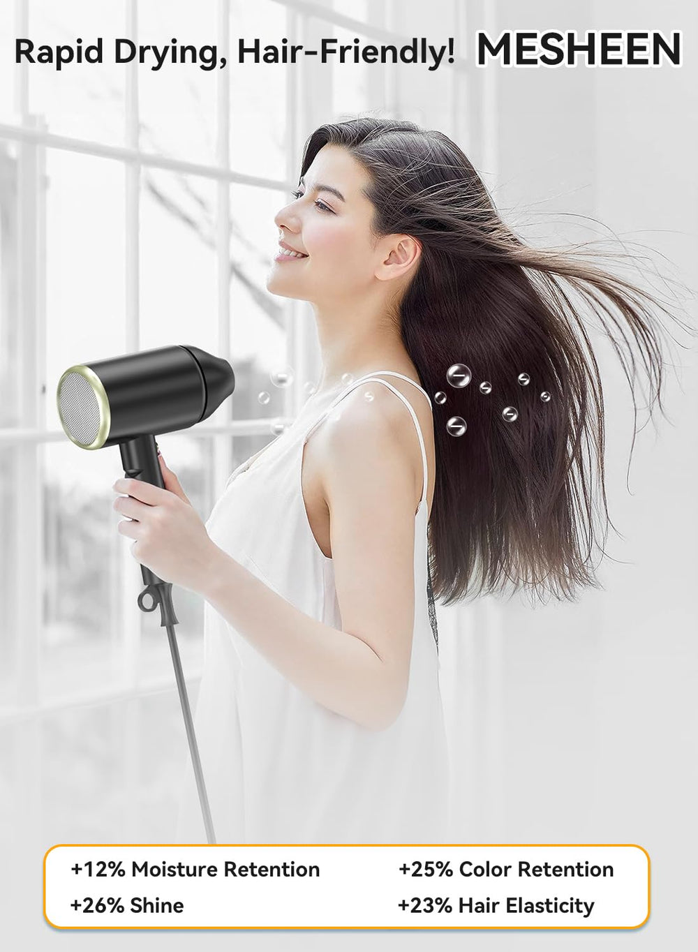 MESHEEN hair dryer ultra-quiet-65db for discreet morning routines.