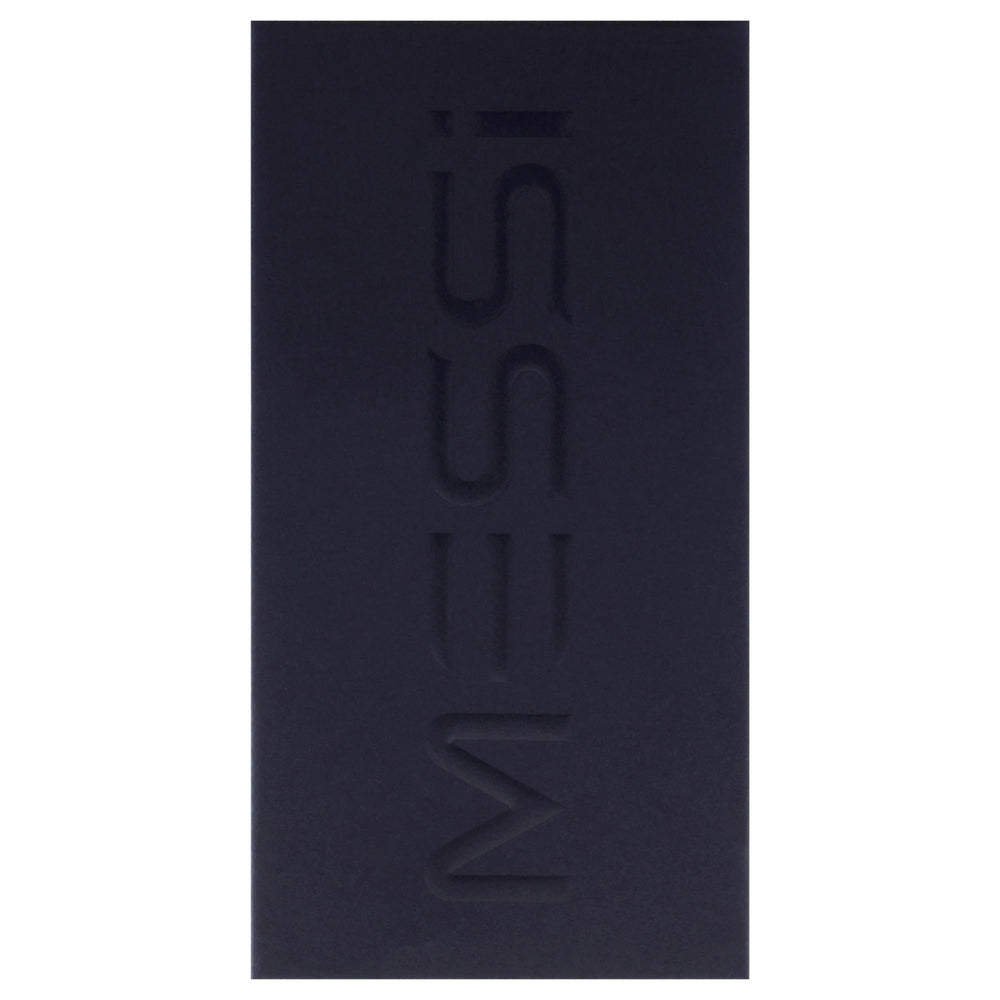 Messi 3.4 Edp M label closeup, crisp typography signaling modern luxury.