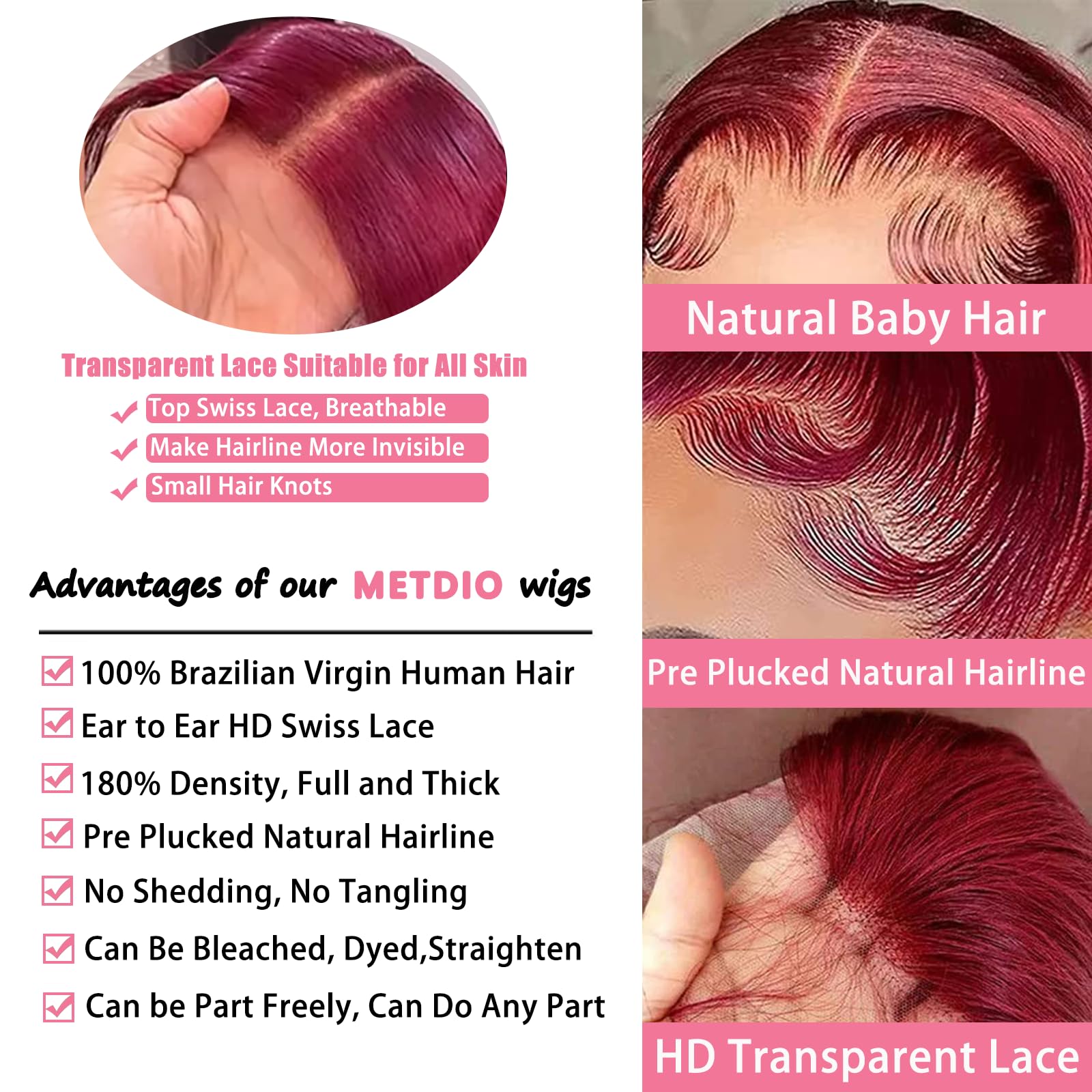 METDIO 99J burgundy wig pre-plucked hairline for natural look