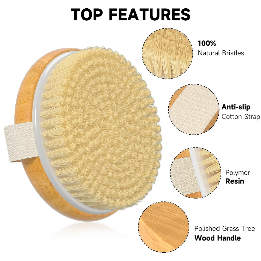 Metene dry body brush featuring an ergonomic oval handle for easy grip.