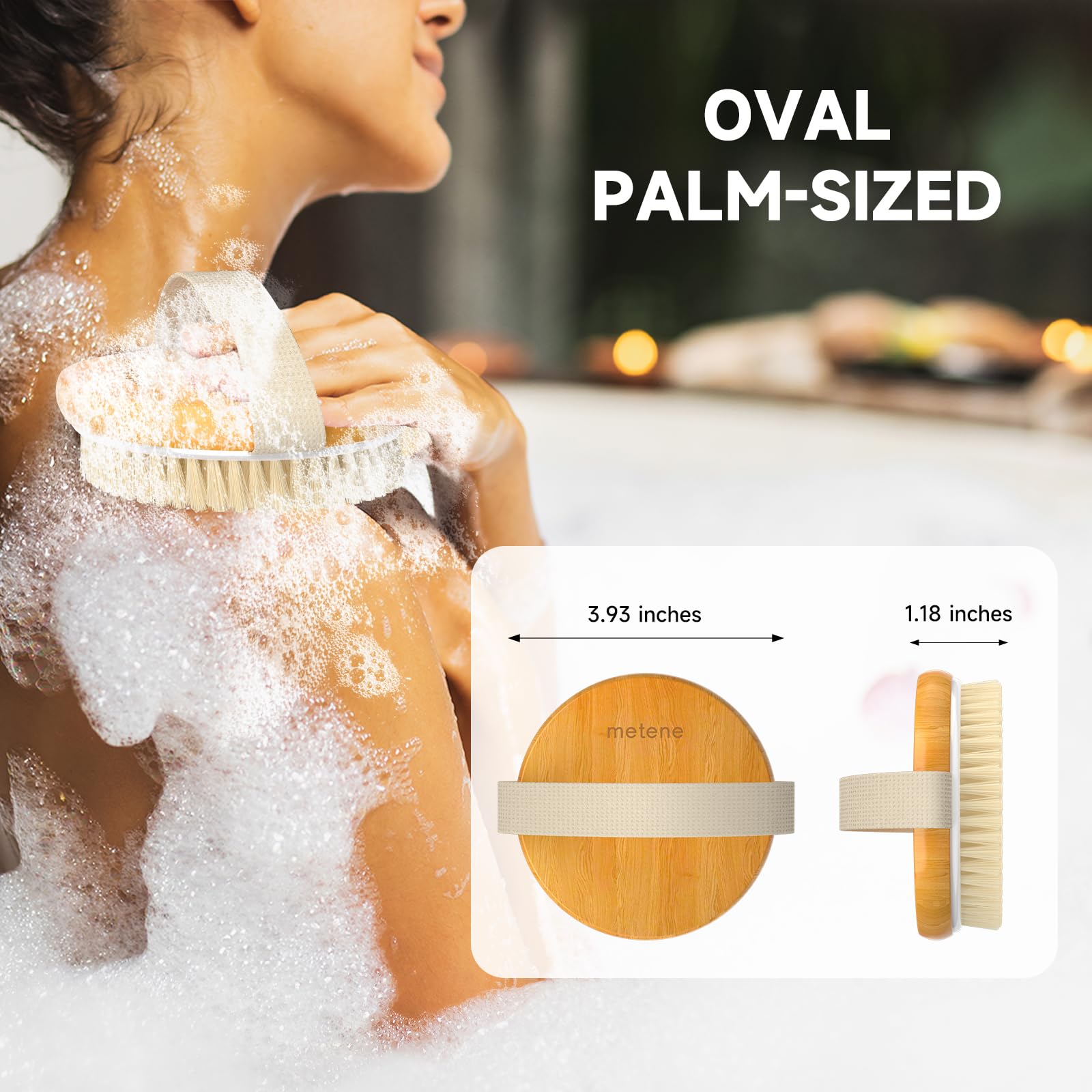 Metene brush includes wall hook for convenient storage after use.