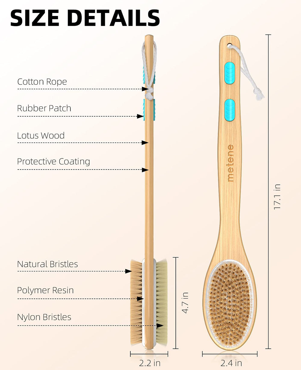 Metene shower brush includes hanging rope for convenient storage