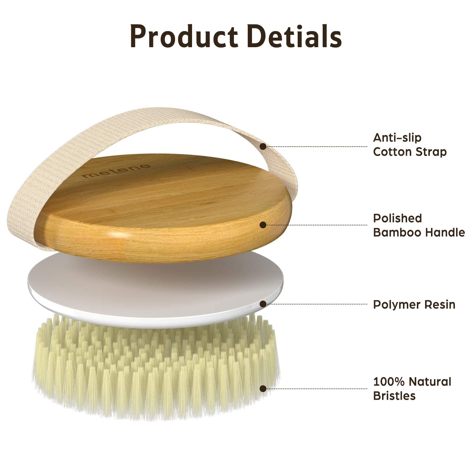 Uso en ducha o baño con cepillo Metene para masaje corporal.